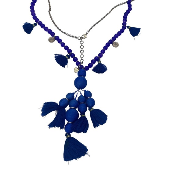 Aldo cobalt blue long necklace statement fringe beaded - Picture 2 of 8